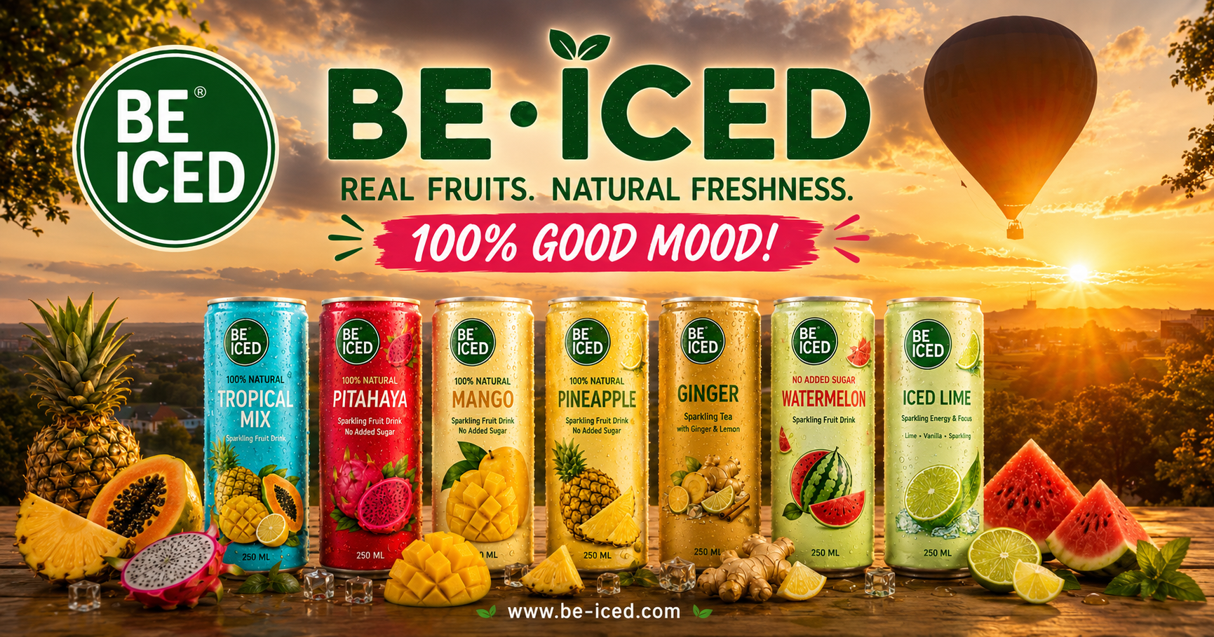 BE-ICED product lineup - Premium RTD iced coffees and 100% natural sparkling fruit drinks in slim aluminum cans